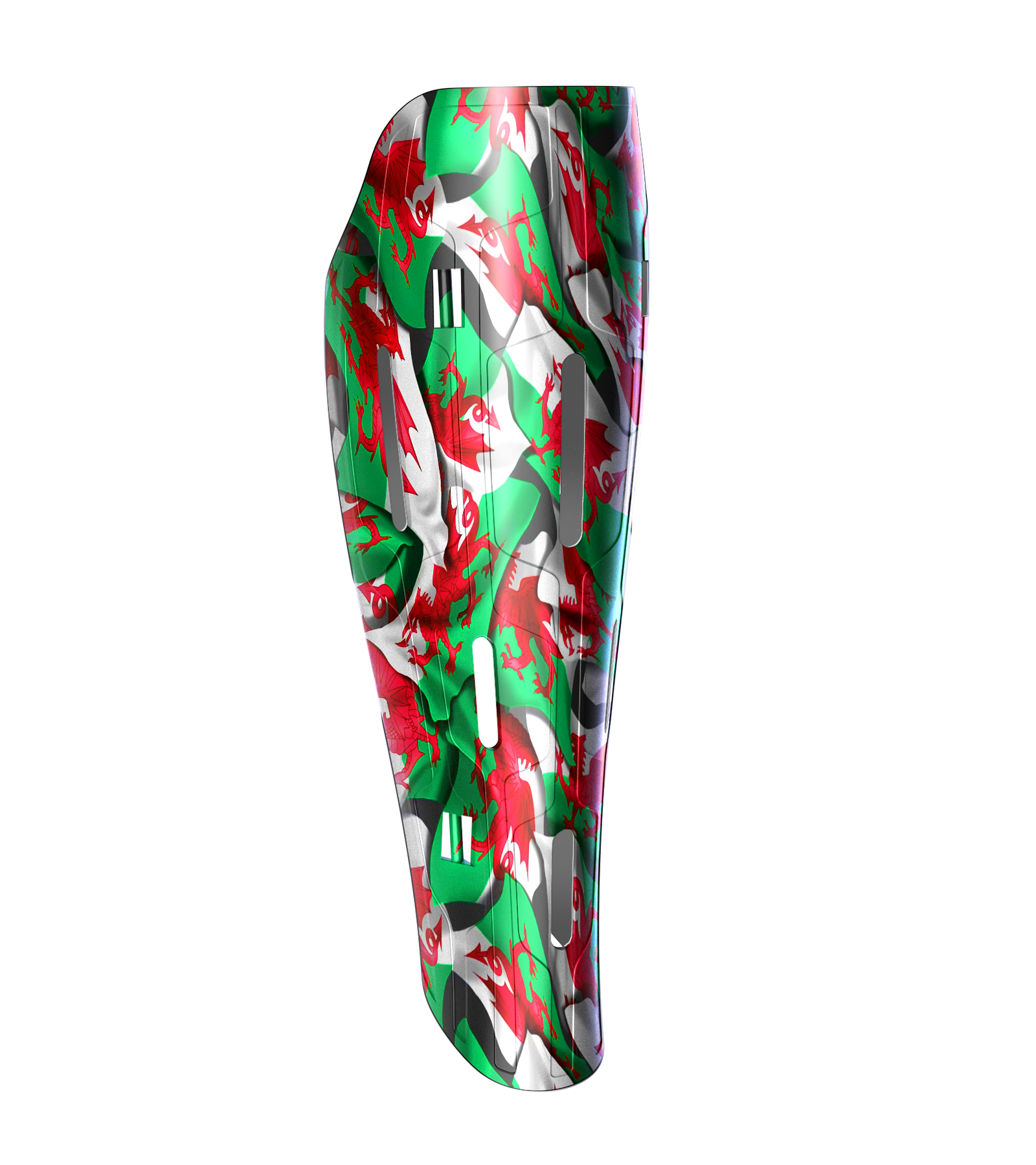 A prosthetic leg cover inspired by the welsh dragon flag